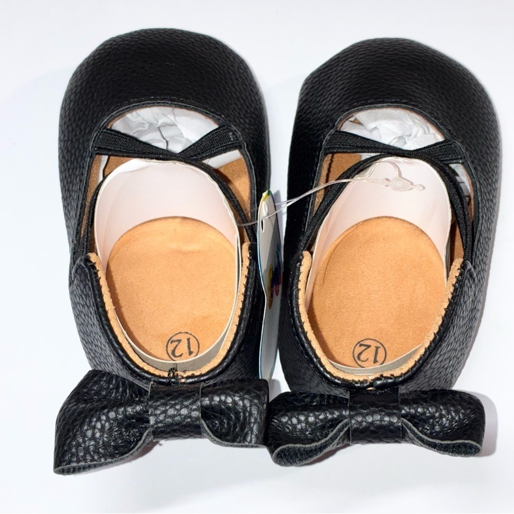 Black Ballet Flats Baby Size 12 Bow On Back Elastic Slip On - Picture 2 of 3